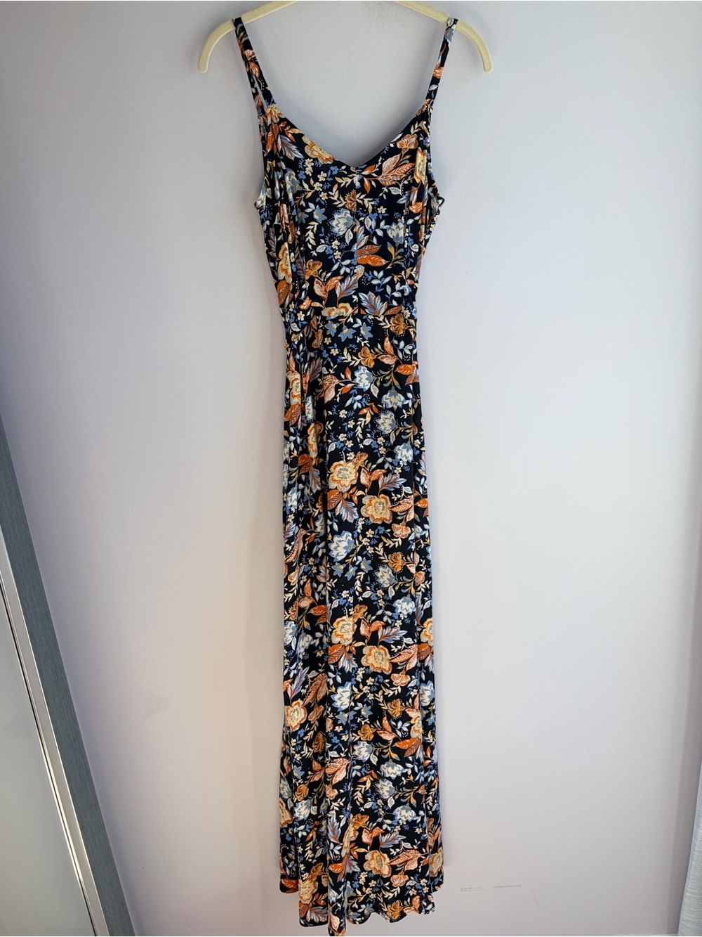 MSK Dress Black Blue Gold Floral Strappy Midi Maxi Summer Tie Waist Casual EUC S